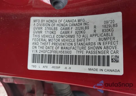 2020 Honda Civic Lx from USA, damaged, VIN 2HGFC2F68LH583900
